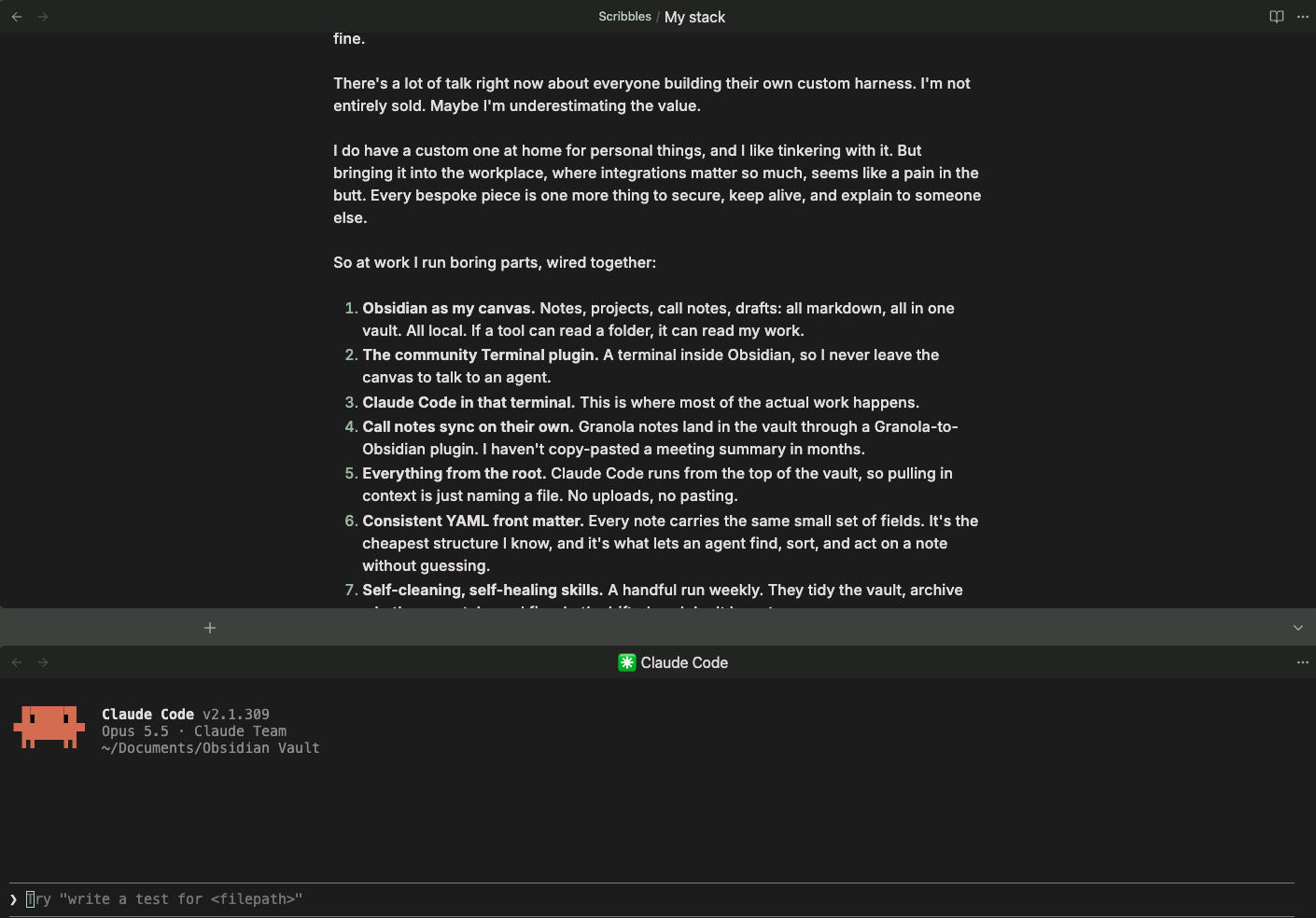 Obsidian with a draft note open on top and Claude Code running in the Terminal plugin pane below