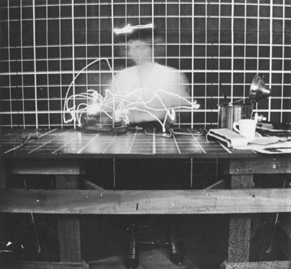 Motion efficiency study photograph showing a worker&rsquo;s movements traced with light, c. 1914